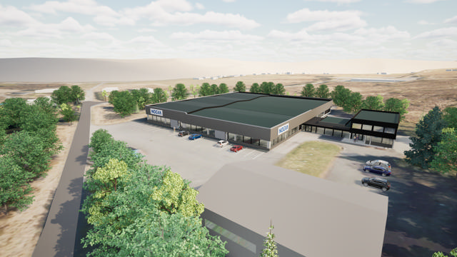 3D bilde av industribygg på Hildre, med Nogva logoer på utsiden av bygget