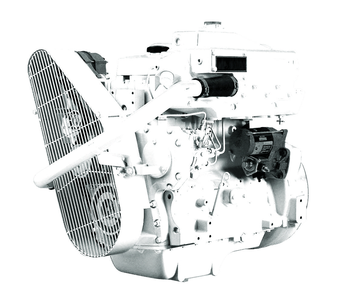 En 4045 DFM70 marinemotor fra Nogva på hvit bakgrunn