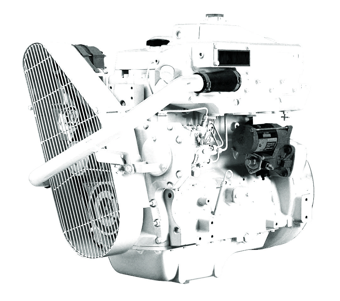 En 4045 TFM50 marinemotor fra Nogva på hvit bakgrunn