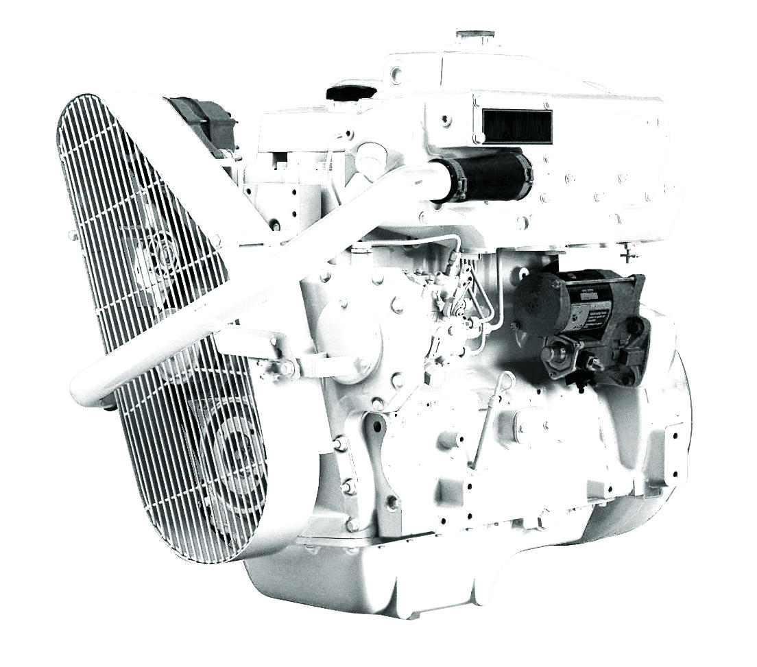 En 4045 TFM50 marinemotor fra Nogva på hvit bakgrunn