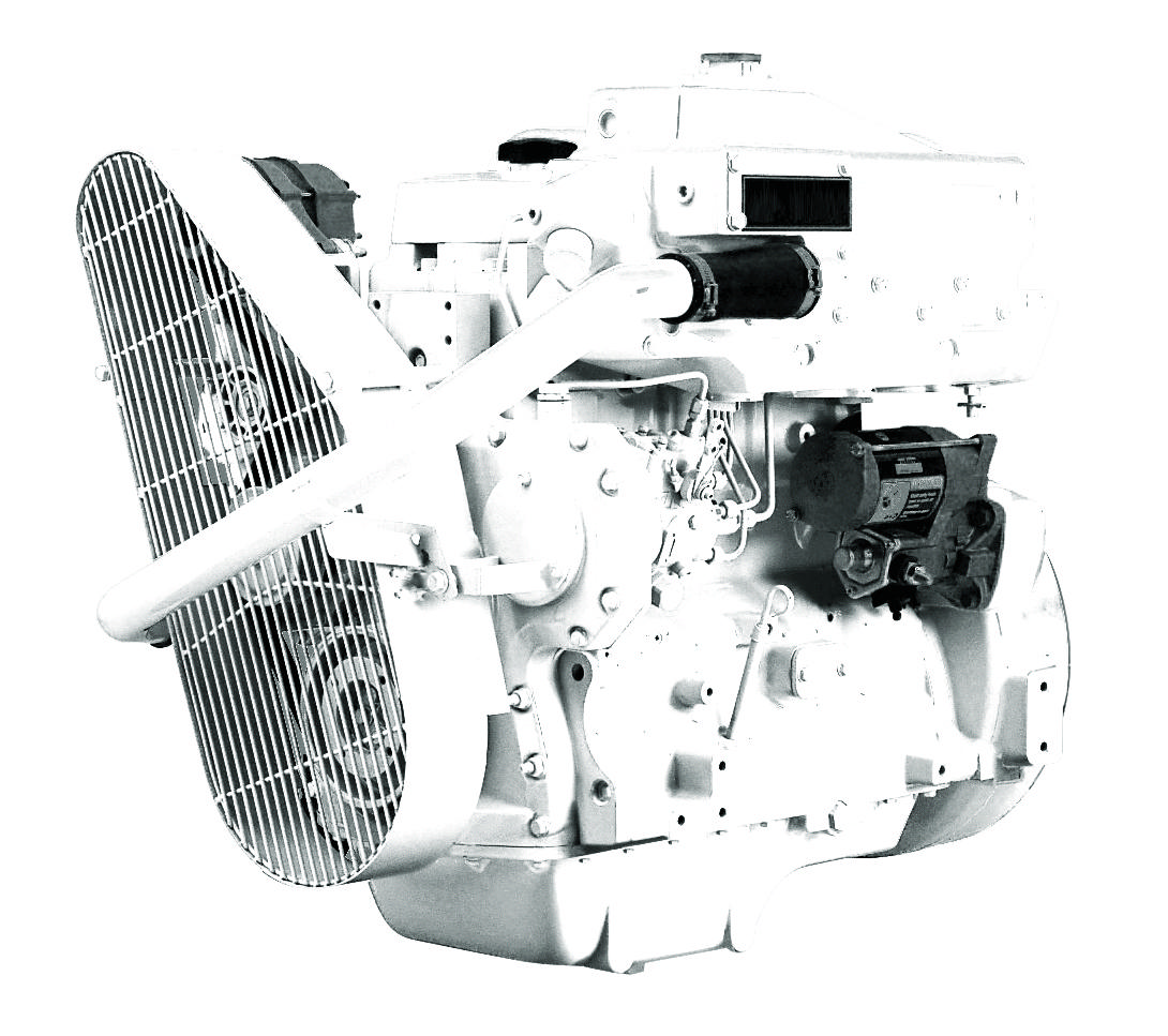 En 4045 TFM50 marinemotor fra Nogva på hvit bakgrunn