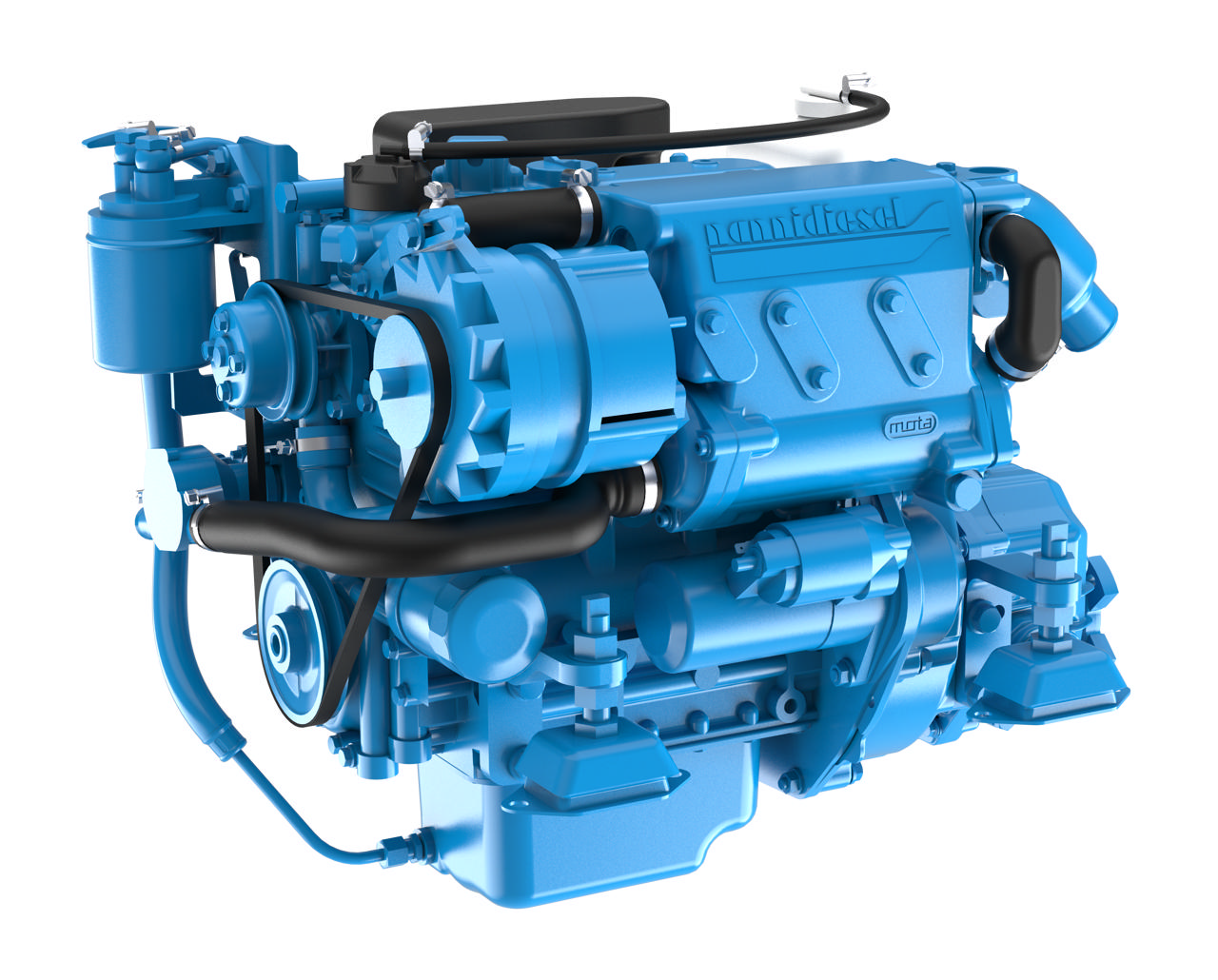 En N3.21 marinemotor fra Nogva på hvit bakgrunn