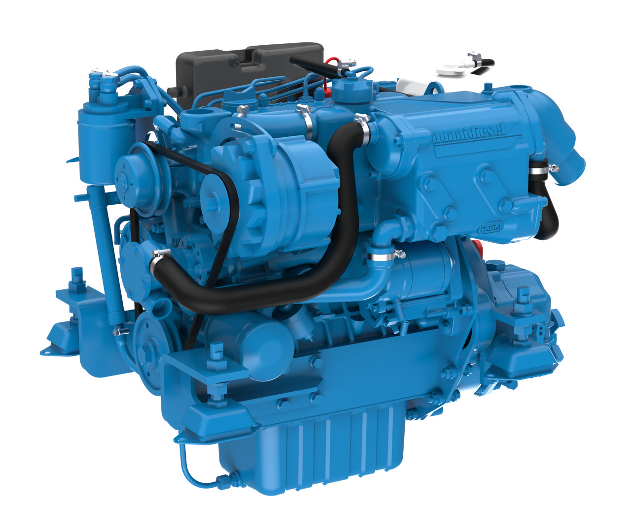 En Blue N3.30 marinemotor fra Nogva på hvit bakgrunn