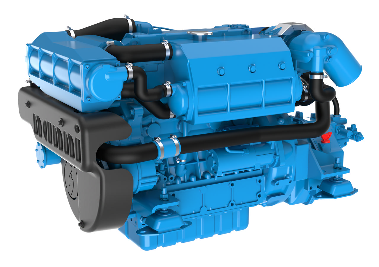 En N4.115 marinemotor fra Nogva på hvit bakgrunn