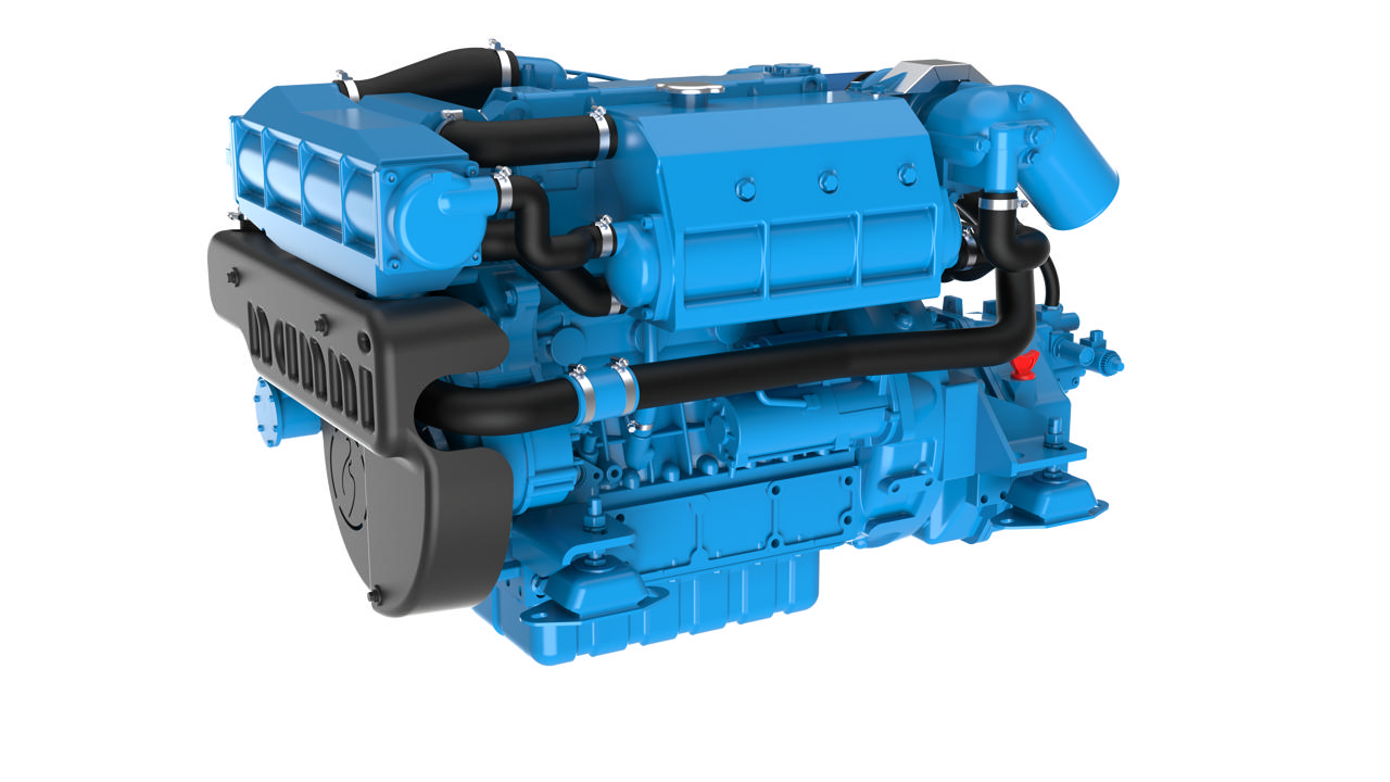 En N4.140 marinemotor fra Nogva på hvit bakgrunn