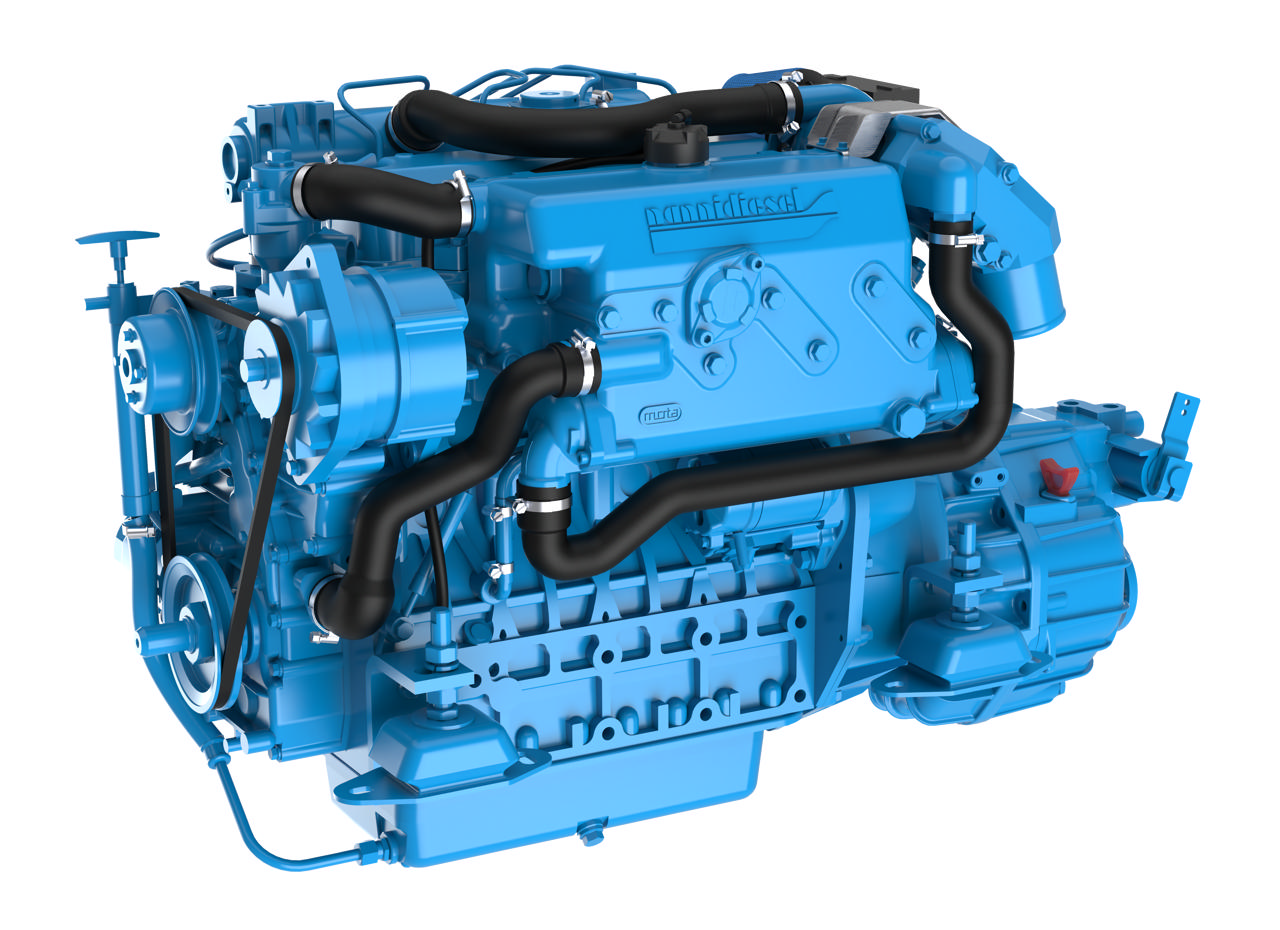 En N4.65 marinemotor fra Nogva på hvit bakgrunn