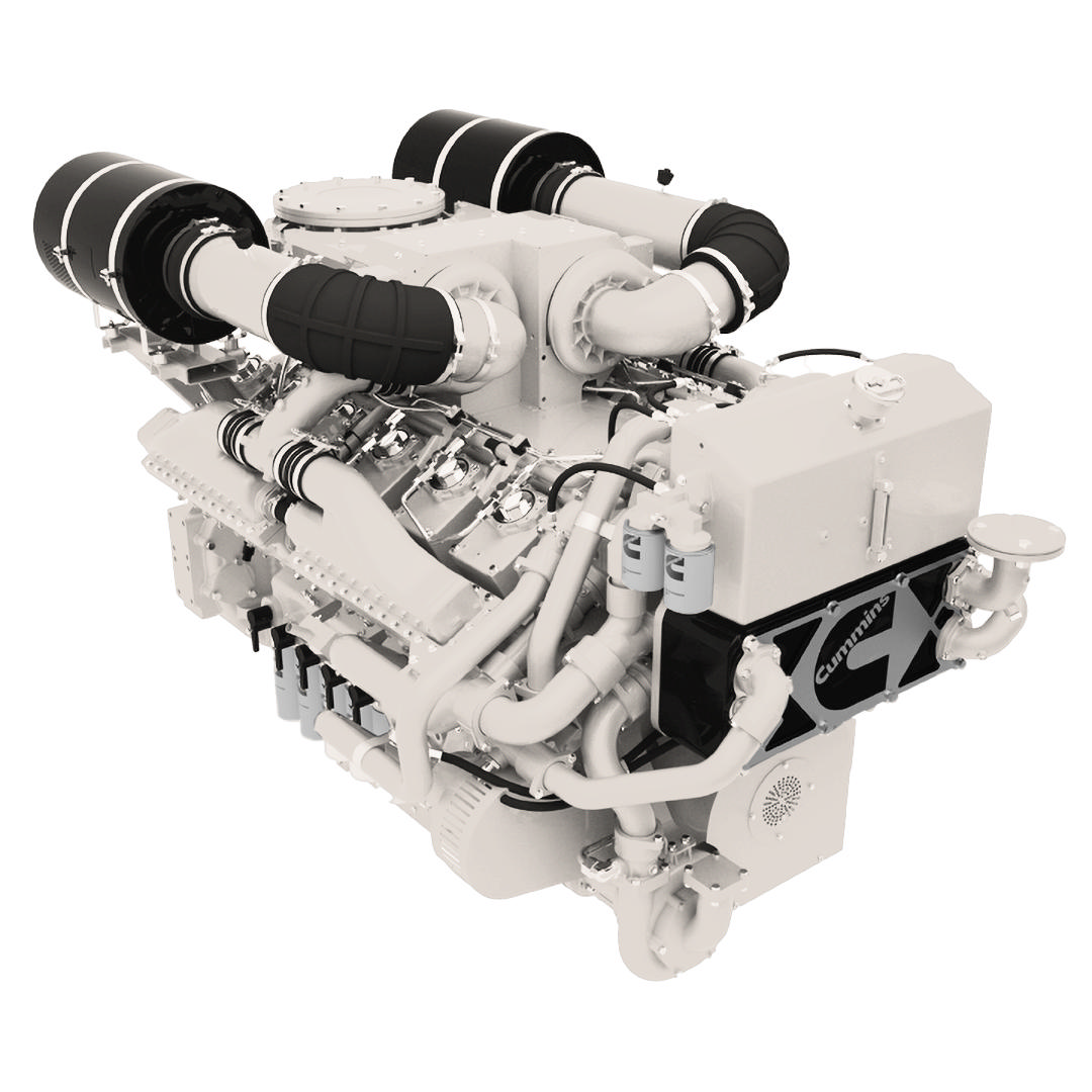 En QSK38 M marinemotor fra Nogva på hvit bakgrunn