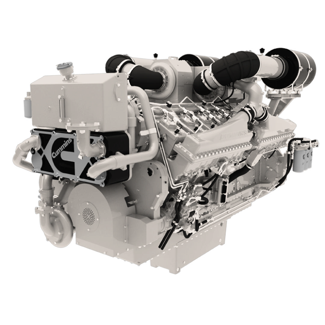 En QSK50 M marinemotor fra Nogva på hvit bakgrunn