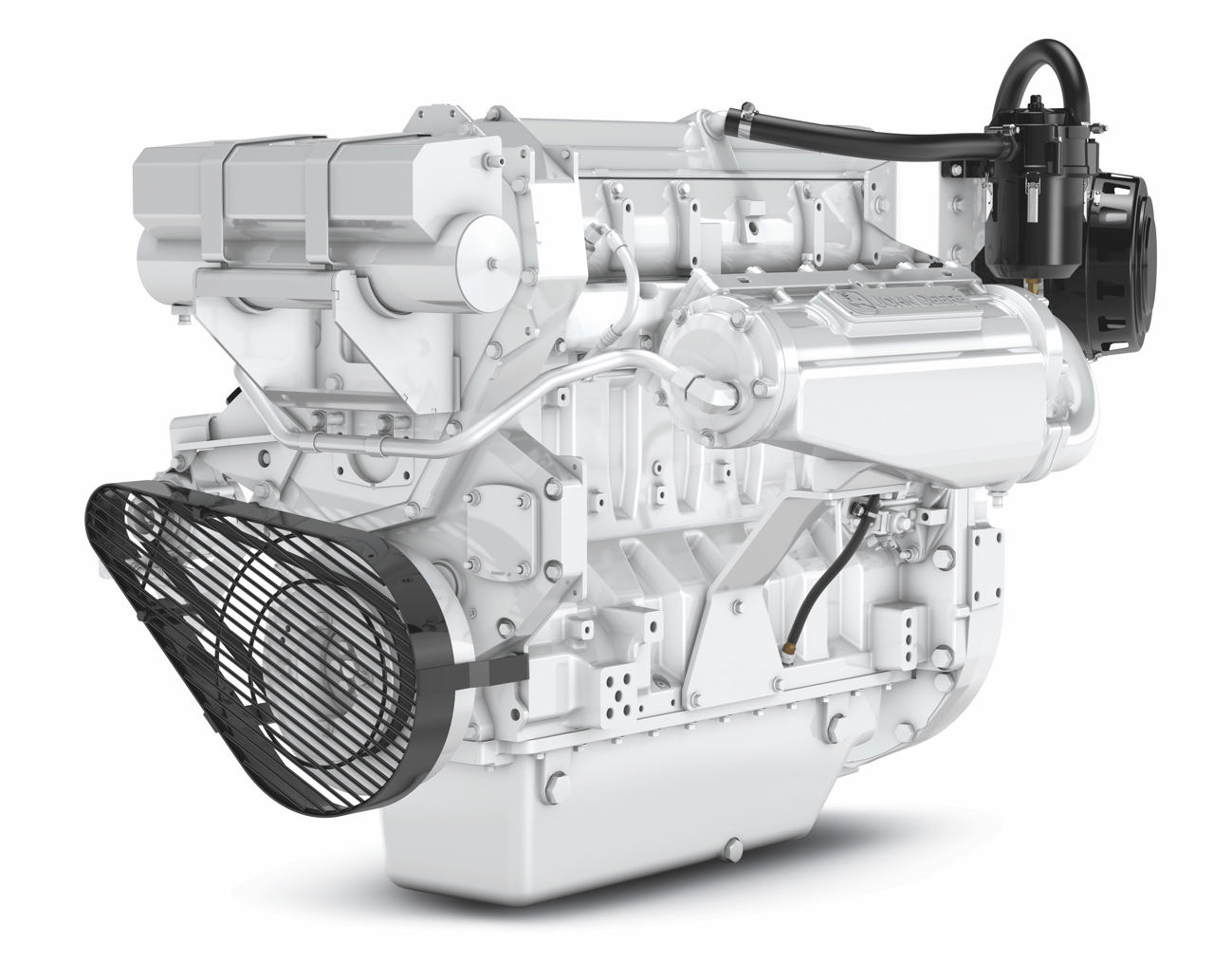 En 6135 SFM85 marinemotor fra Nogva på hvit bakgrunn