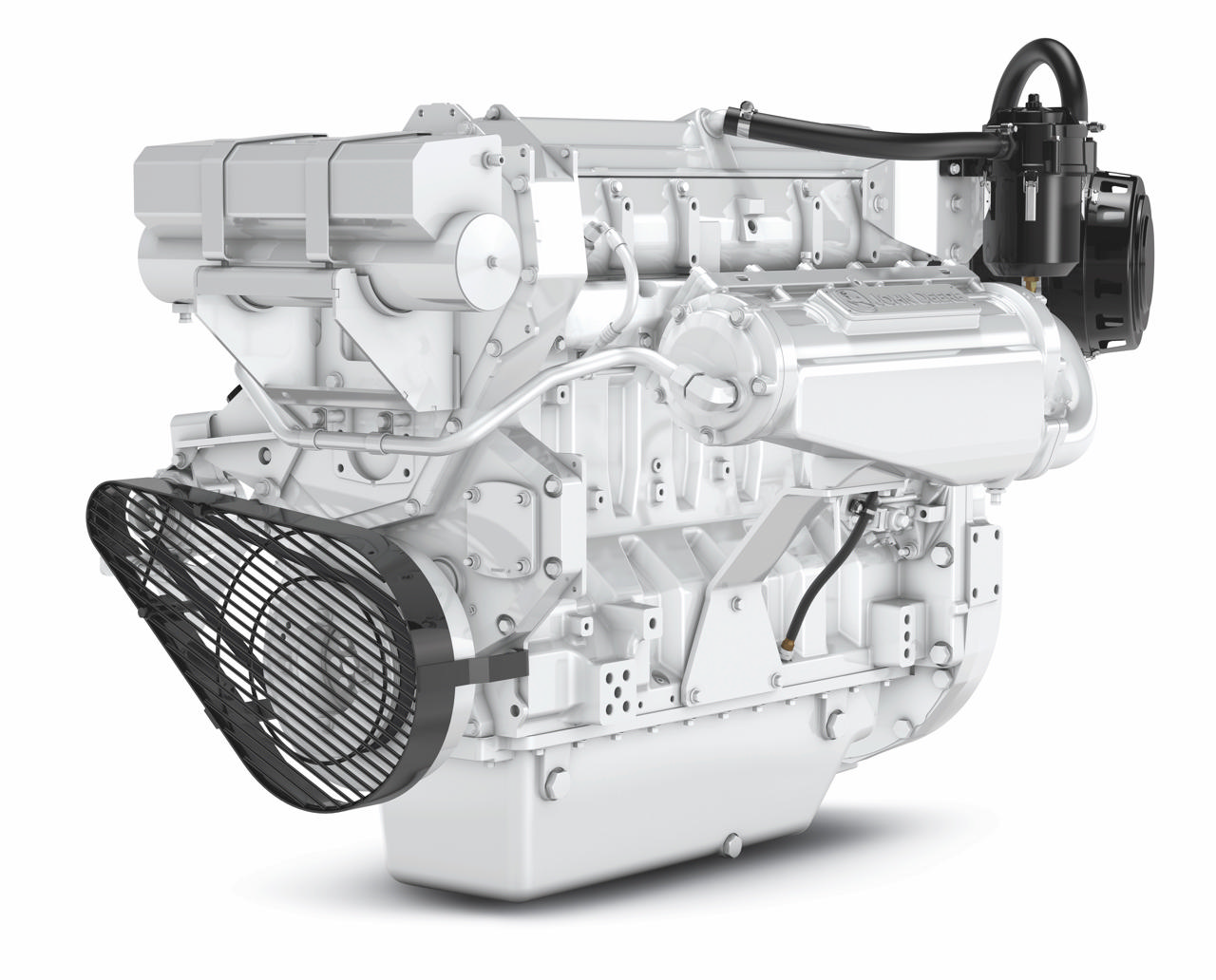 En 6135 SFM85 marinemotor fra Nogva på hvit bakgrunn